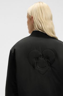 Padded varsity-style jacket with Happy HUGO logos, Black