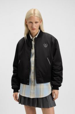 Padded varsity-style jacket with Happy HUGO logos, Black