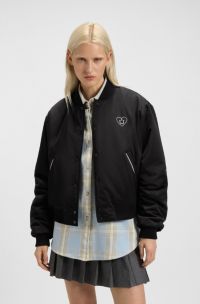 Padded varsity-style jacket with Happy HUGO logos, Black