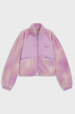 Cloud-print teddy jacket with tonal fabric panels, light pink