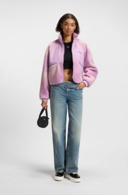 Cloud-print teddy jacket with tonal fabric panels, light pink