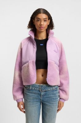 Cloud-print teddy jacket with tonal fabric panels, light pink