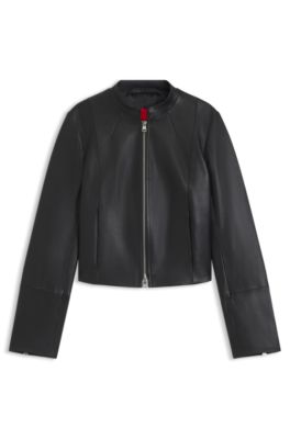 HUGO - Regular-fit leather jacket with stand collar - Black