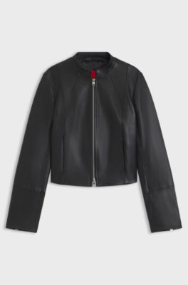 Regular-fit leather jacket with stand collar, Black