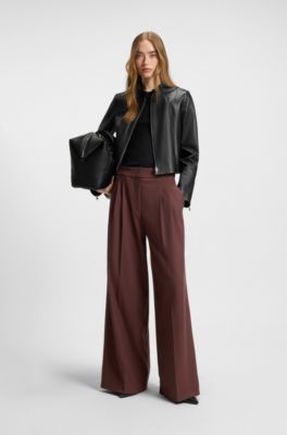 Regular-fit leather jacket with stand collar, Black