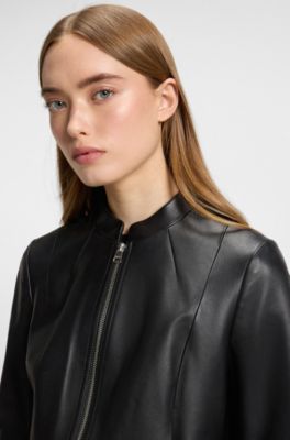 Regular-fit leather jacket with stand collar, Black