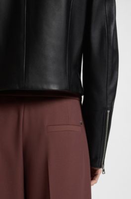 Regular-fit leather jacket with stand collar, Black