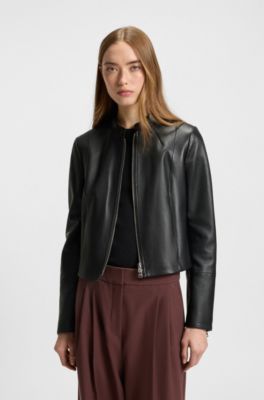 Regular-fit leather jacket with stand collar, Black