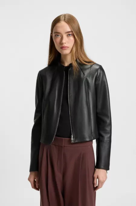 Regular-fit leather jacket with stand collar