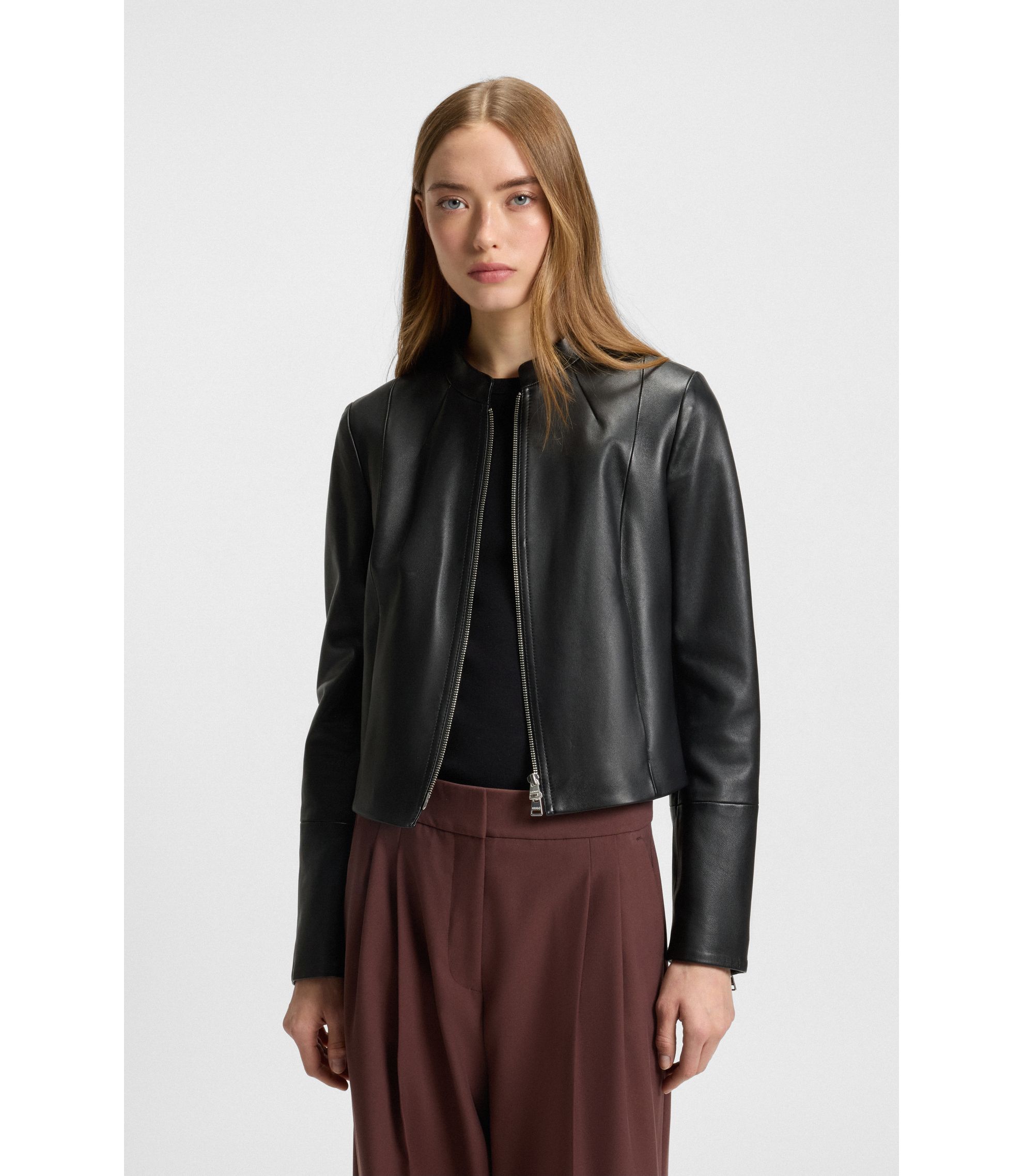 希少サイズ HUGO BOSS シングルライダースジャケット スタンドカラー HUGO BOSS (ヒューゴボス) ナッパレザー フルジップ スタンドカラー