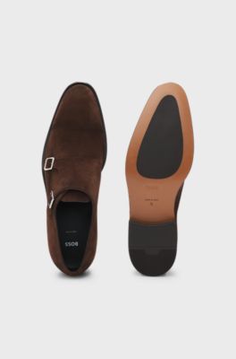 Double monk shoes in suede, Dark Brown