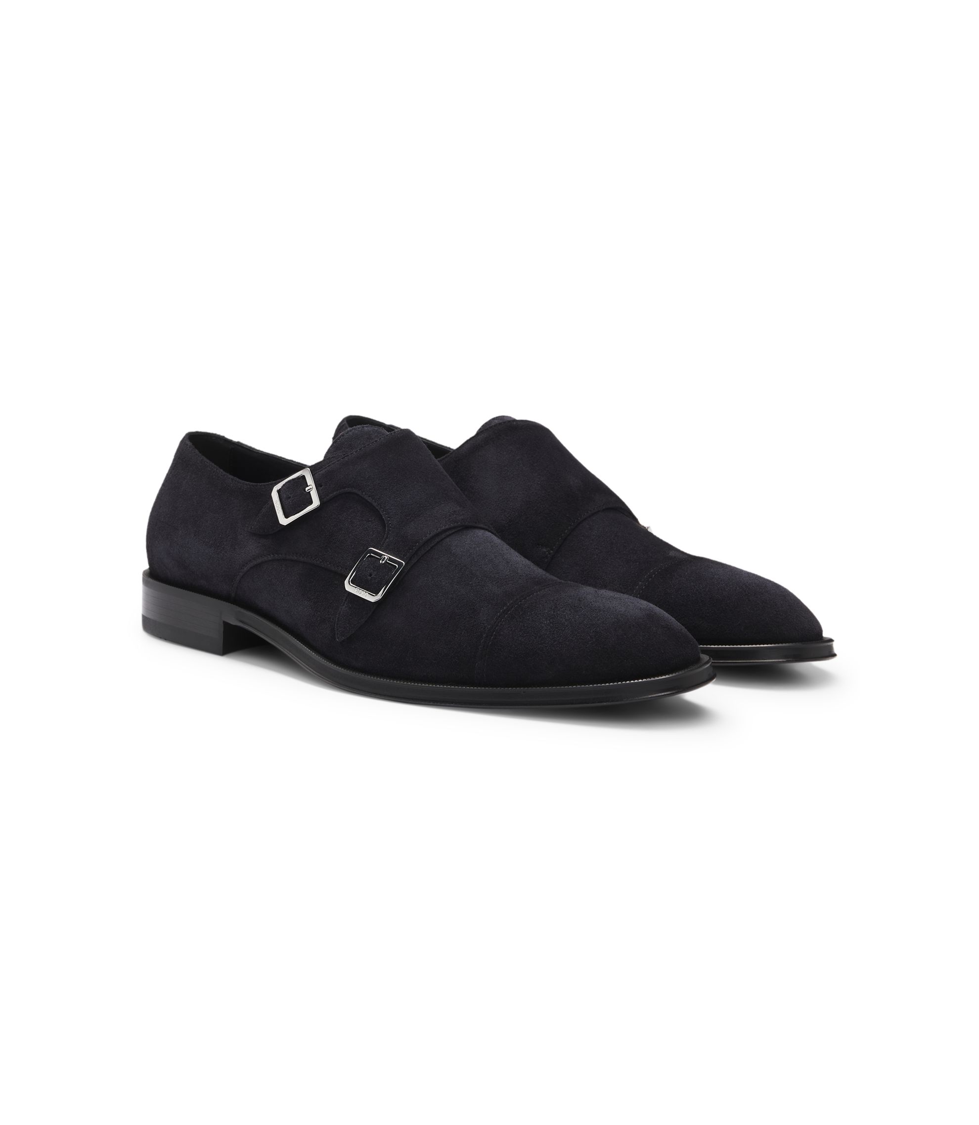 Boss Taupe Suede Double Monk Strap Shoes BOSS Suede Monk Shoes With Double Strap And Branding in  main image 3