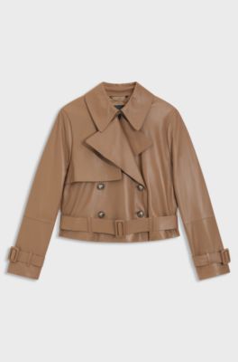 Trench-style leather jacket with tie-up belt, Brown