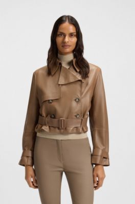 Trench-style leather jacket with tie-up belt, Brown