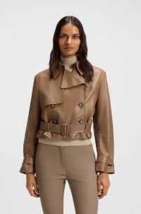 Veste en cuir style trench avec ceinture à nouer, Marron