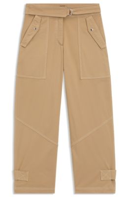 Pantalones de pernera globo en sarga de algod&oacute;n el&aacute;stico con tacto de papel, Beige