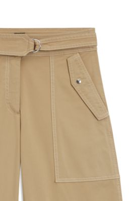 Pantalones de pernera globo en sarga de algod&oacute;n el&aacute;stico con tacto de papel, Beige