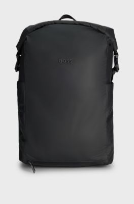 Roll-top backpack with gunmetal logo, Black