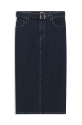 Midi-length denim skirt with buckled belt, Dark Blue