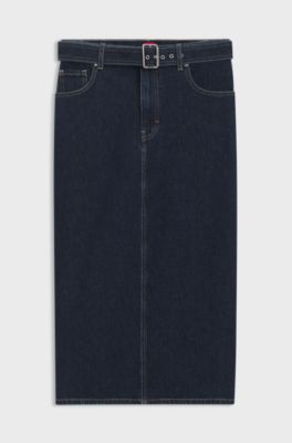 Midi-length denim skirt with buckled belt, Dark Blue