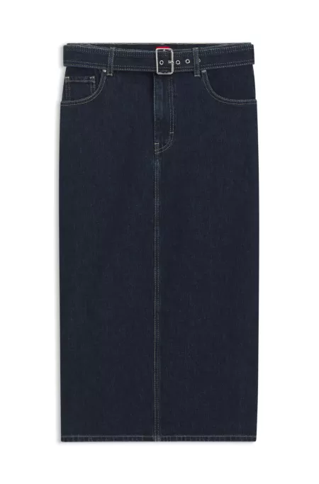 Midi-length denim skirt with buckled belt