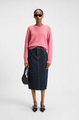 Midi-length denim skirt with buckled belt, Dark Blue