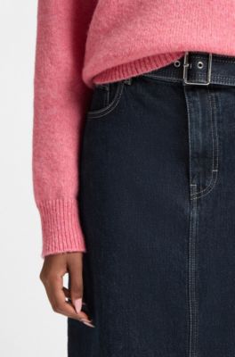 Midi-length denim skirt with buckled belt, Dark Blue