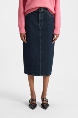 Midi-length denim skirt with buckled belt, Dark Blue
