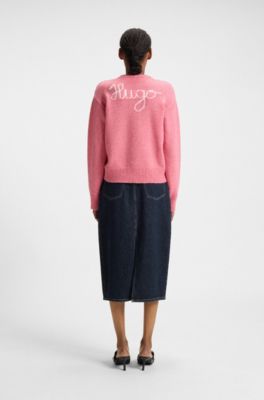 버클 벨트 미디 데님 스커트, 다크 블루