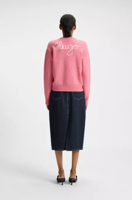 Midi-length denim skirt with buckled belt