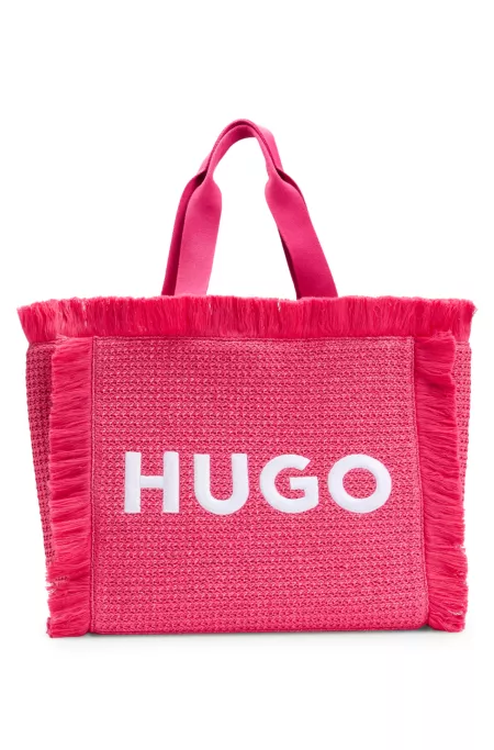 Logo-embroidered raffia-effect tote bag with fringe trims