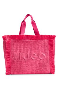 Tote Bag in Bast-Optik mit Logo-Stickerei und Fransen, Pink