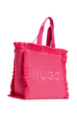 Logo-embroidered raffia-effect tote bag with fringe trims, Pink