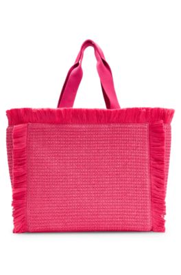 Logo-embroidered raffia-effect tote bag with fringe trims, Pink
