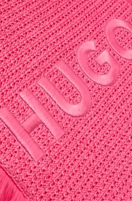 Logo-embroidered raffia-effect tote bag with fringe trims, Pink