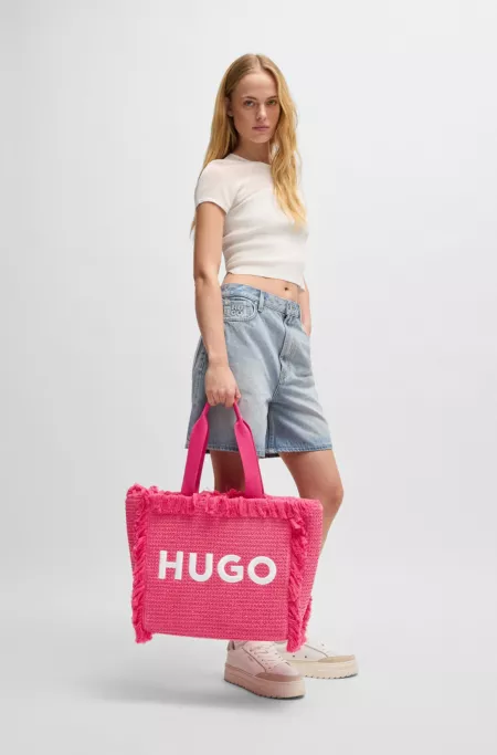 Logo-embroidered raffia-effect tote bag with fringe trims