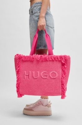 Logo-embroidered raffia-effect tote bag with fringe trims, Pink