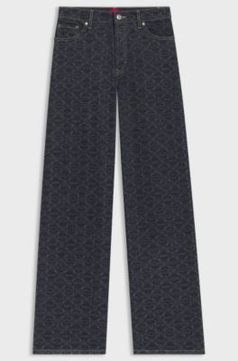 Super-wide-leg jeans in monogram laser-print denim, Dark Blue