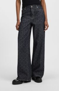 Jeans met superbrede pijpen van denim met monogramlaserprint, Donkerblauw