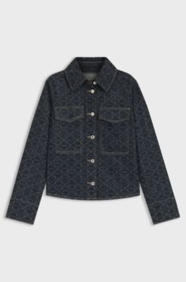 Rigid-denim jacket with monogram laser print, Dark Blue