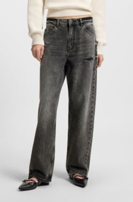Relaxed-fit jeans in distressed rigid denim, Black