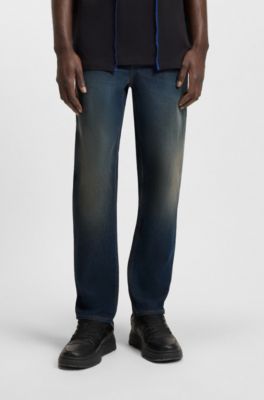 Jeans con fit affusolato in denim elasticizzato blu, Blu scuro