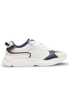 Mesh-detail trainers with rear pull loop, White / Dark Blue