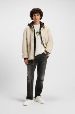 Jeans regular fit in denim strappato grigio, Grigio scuro