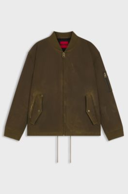 Waxed-cotton bomber jacket with adjustable hem, Brown