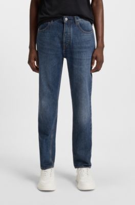 Jean Regular en denim rigide bleu, Bleu fonc&eacute;