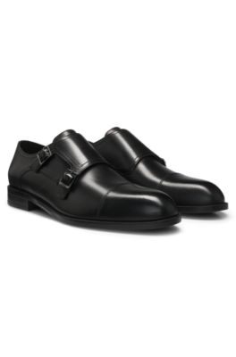 BOSS ブラックレザー ダブルモンクストラップシューズ BOSS - レザー モンクシューズ ダブルストラップ - ブラック