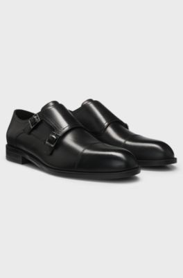 Leather monk shoes with double strap, Black