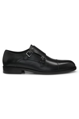 Leather monk shoes with double strap, Black