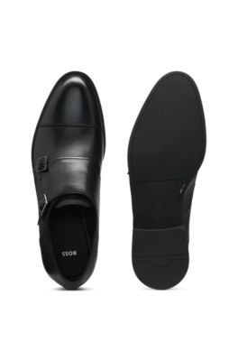 Leather monk shoes with double strap, Black